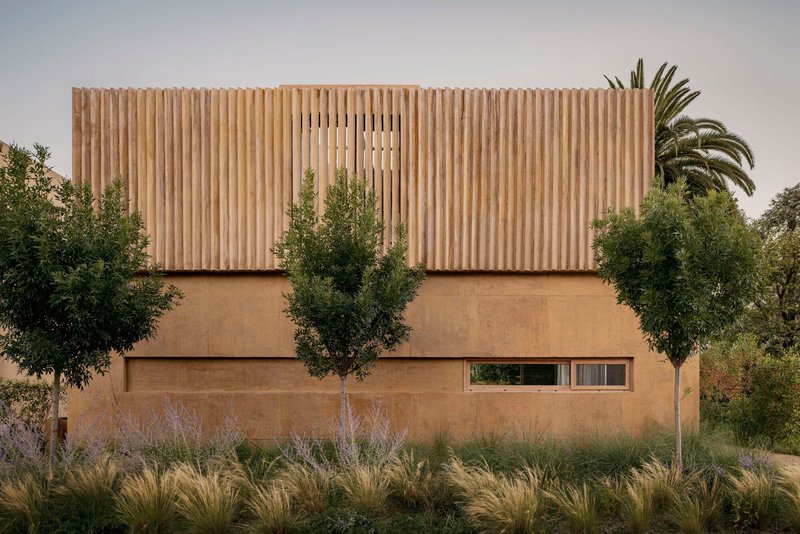 Street facade with vertical timber screen above rendered base wall and ornamental grasses