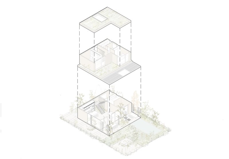 Exploded axonometric drawing showing stacked floor plates with interior spaces and surrounding vegetation