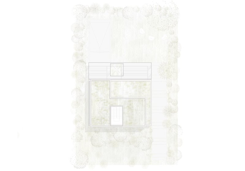 Site plan drawing depicting rectangular volumes with courtyard spaces and perimeter tree planting