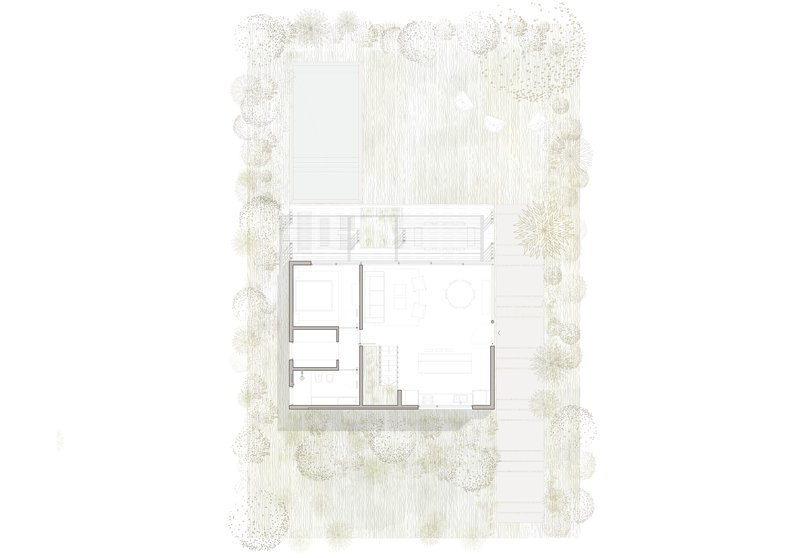 Floor plan drawing showing a rectangular volume with decking and surrounding landscape vegetation