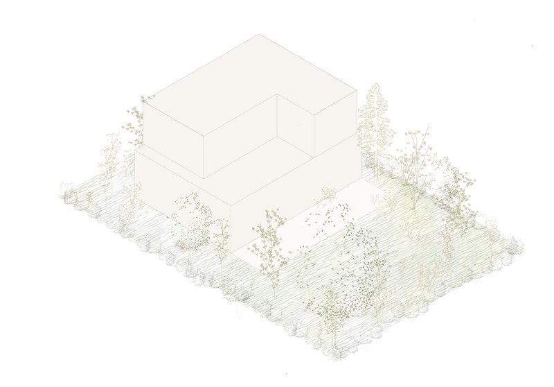 Isometric drawing showing L-shaped volumes surrounded by trees and planted landscape beds