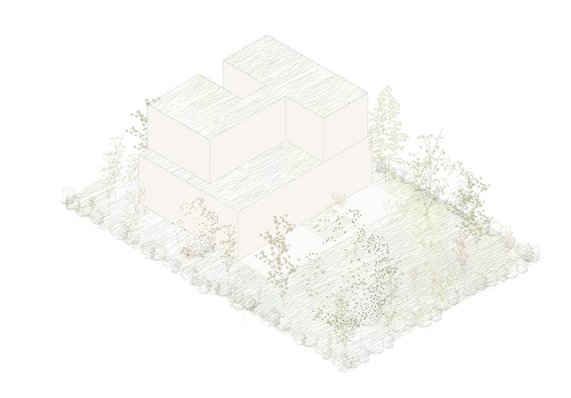Isometric drawing depicting rooftop surfaces with linear hatching above the clustered volumes