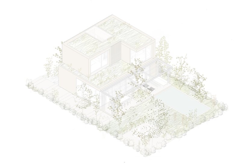 Isometric drawing with vertical screen elements added to the facades surrounding the courtyard