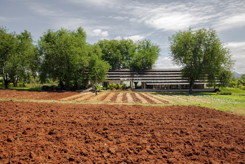 Longitudinal elevation with stacked timber eaves seen across freshly tilled red earth and a figure
