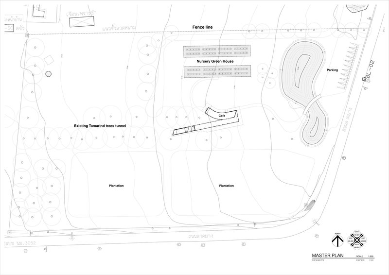 Master plan drawing showing nursery green house, cafe building and plantation areas with parking
