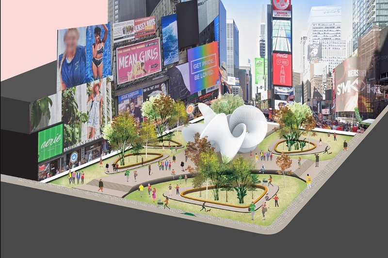 The pavilion anchors a landscaped public realm in Times Square, connecting sculptural architecture with paths, greenery, and urban activity.