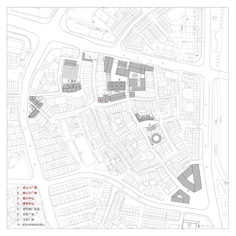 Site plan drawing showing urban block arrangement with courtyard spaces and circular element within street grid