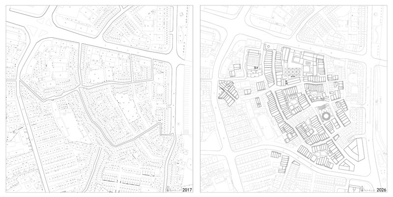 Side-by-side site plan drawings comparing two phases of neighborhood development and block configuration