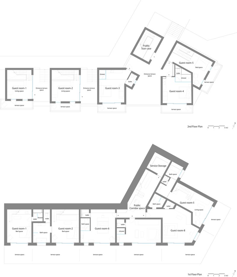 Floor plan drawings showing two levels of guest rooms and service spaces in angled arrangements