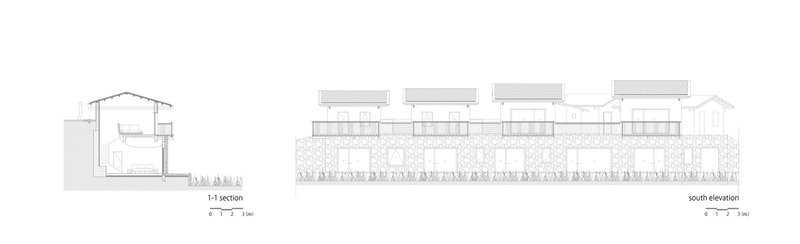 Section and elevation drawings depicting individual dwelling units on sloped terrain with vegetation