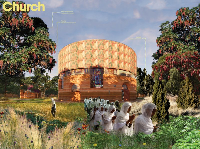 Circular chapel surrounded by native planting, worshippers, and Ethiopian forest traditions.