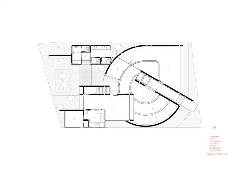 Ground floor plan drawing showing a curved volume wrapping a circular void and angled wing
