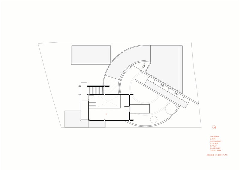 Second floor plan drawing with central stair core and curved balcony overlooking the circular space