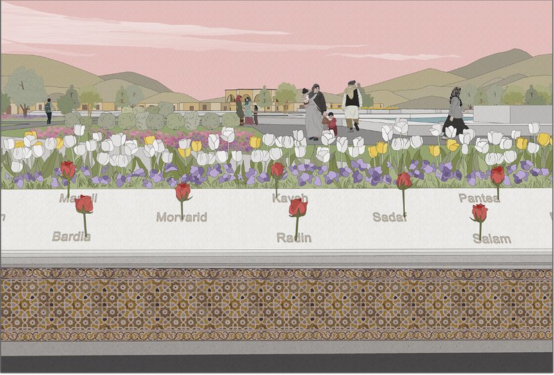 Persian blossoms mark names, memory, and cultural rebirth after disaster.