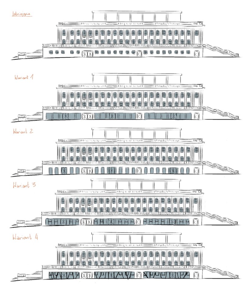Fig. 6. Existing Elevation Sketch and Glazing Variants (source: own elaboration)