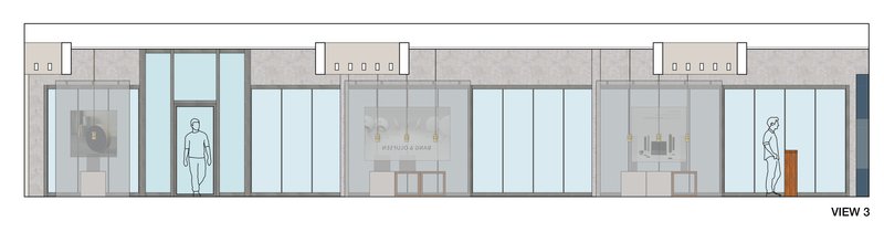 Storefront elevation showing transparent display windows, product showcases, pendant lighting, and the clean linear facade of B&amp;O Store