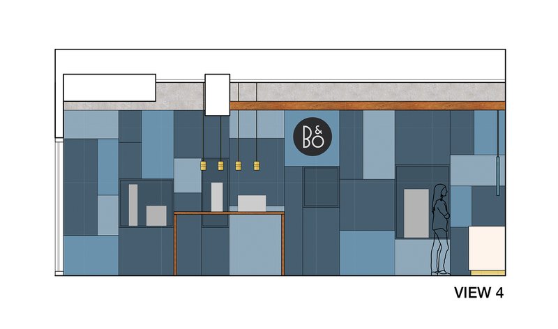 Brand wall elevation with B&amp;O logo, blue-toned panels, timber accents, and integrated display niches.
