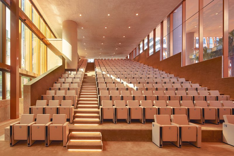 Auditorium with terraced seating in warm tones and timber-clad walls with strip lighting along the stepped aisles