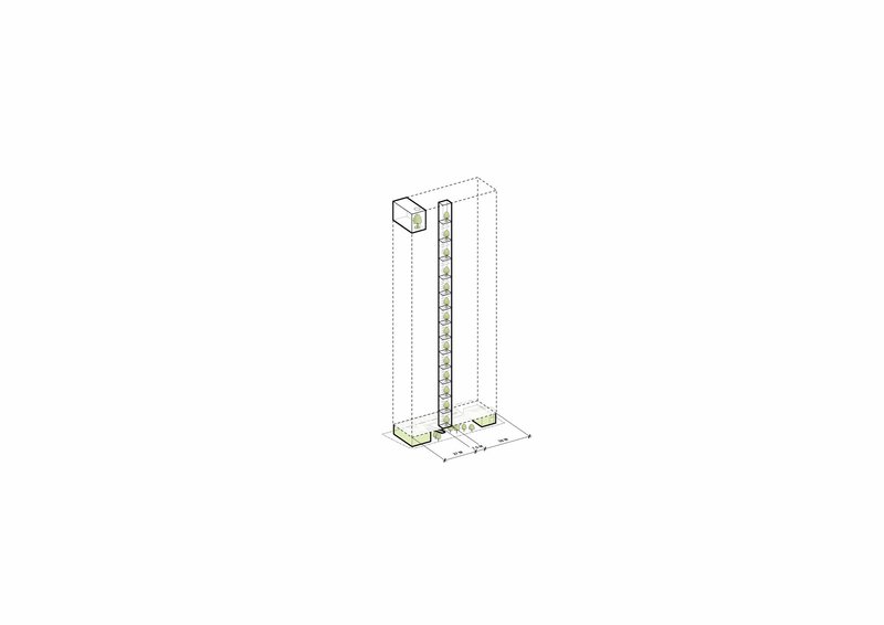 Axonometric view of a slender tower with vertical core and planted podium base