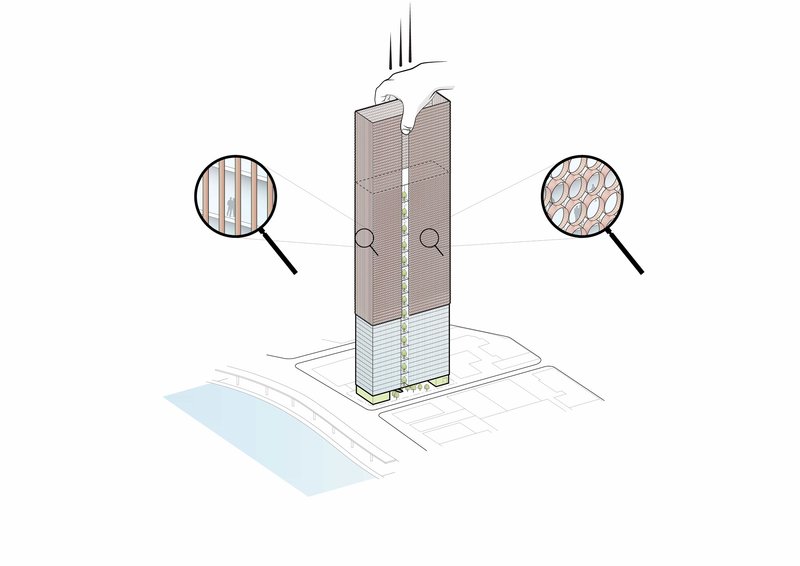 Axonometric drawing of a tower with material callouts highlighting vertical louvres and circular perforated panels