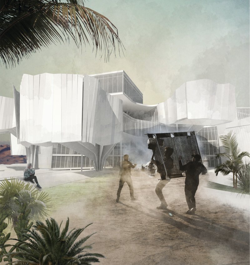 Film crew activity animates the shaded plaza beneath flowing cinema-inspired facades.