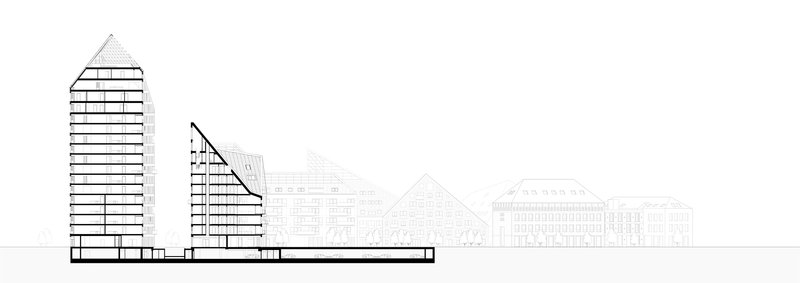 Elevation drawing showing two towers with sloped profiles next to existing contextual buildings
