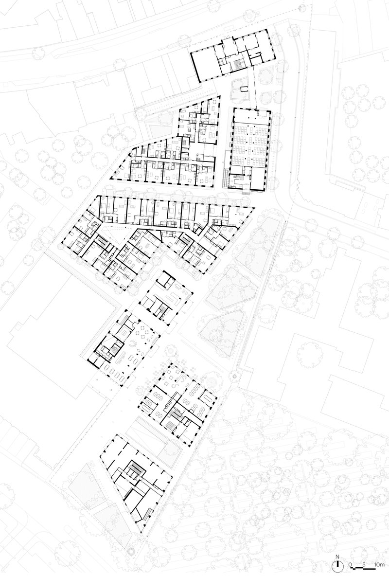 Site plan drawing showing a linear arrangement of building footprints along a street edge