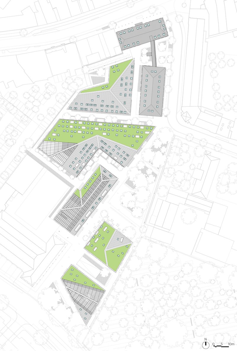 Site plan drawing with green roof areas highlighted across multiple building volumes