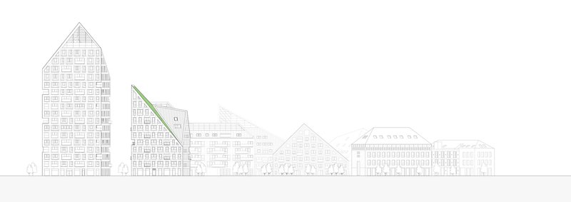 Elevation drawing showing a cluster of gabled timber-framed buildings with one slanted green roof plane