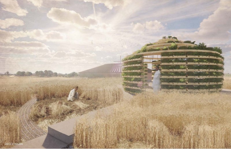 The garden pavilion rises from the field as a planted structure for cultivation, reflection, and ecological learning.