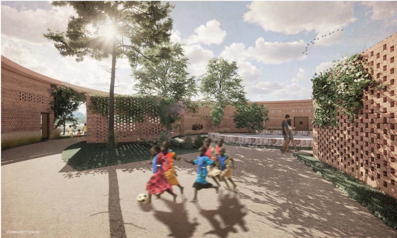 Perforated brick walls and courtyard trees shape a playful, breathable community environment.
