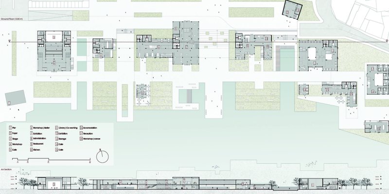 The ground floor plan organizes workshops, cafés, exhibitions, accommodation, and waterfront programs across a connected public landscape.
