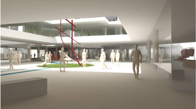 Central gathering space with skylight, water channels, and red sculptural installation.