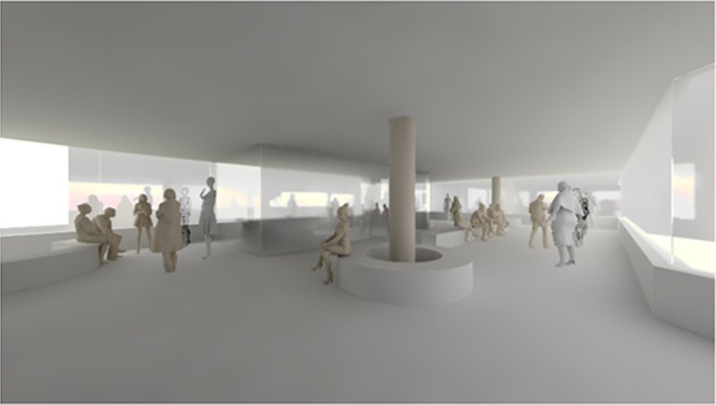 Open interior forum designed for public interaction, display, and slow fashion exchange.