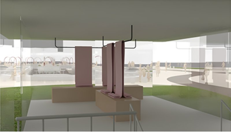 Fabric display zone overlooking the public forum and landscaped outdoor circulation.