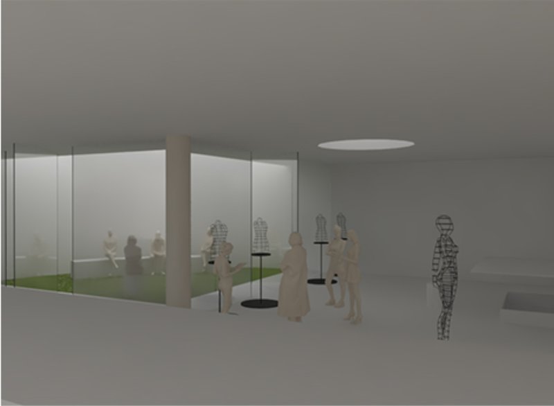 Interactive fashion studio with glass partitions, green pockets, and inclusive mannequin displays.