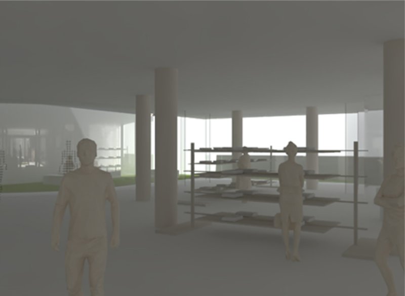Minimal retail interior with open shelving, soft daylight, and flexible fashion display zones.