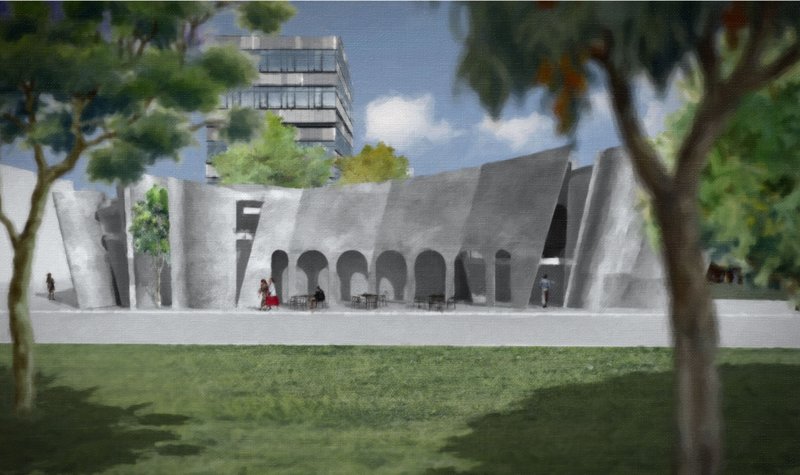 A sculptural café façade connects the street, green space, and urban backdrop through rhythmic arched openings.