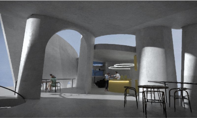 A shaded café level frames seating, circulation, and counter activity within a flowing architectural shell.