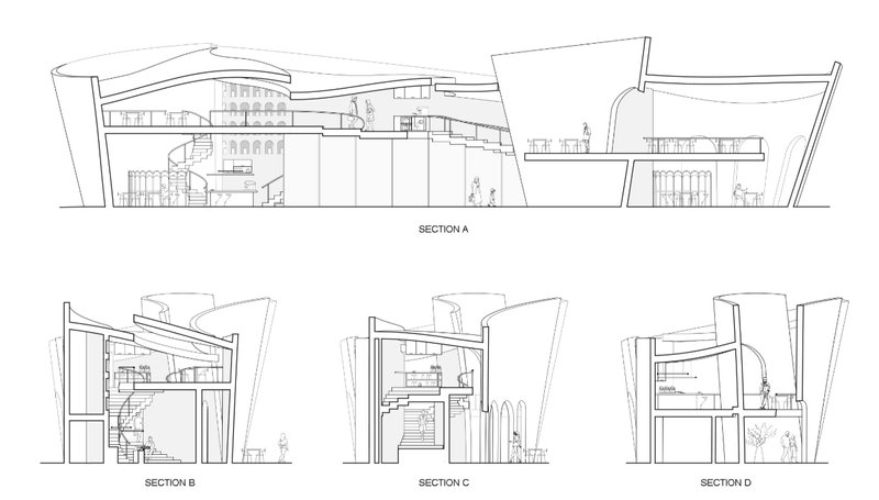 Section drawings reveal Brew Hub’s multilevel spatial network of stairs, terraces, counters, and arched volumes.