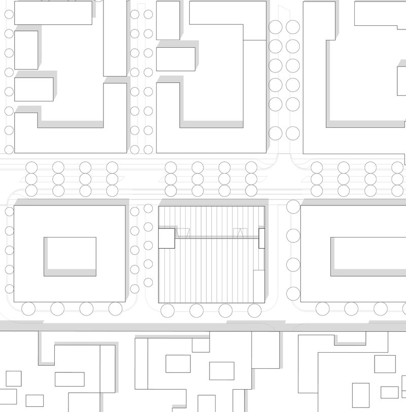 Site plan drawing showing a rectangular volume surrounded by street trees and adjacent building footprints