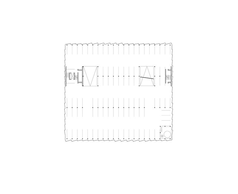 Upper floor plan drawing showing open interior with diagonal bracing elements and circulation cores