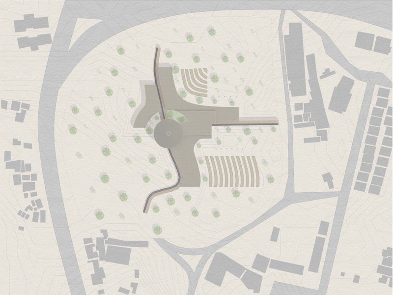 Site plan showing the chapel as a central hub connected to landscape and community routes.