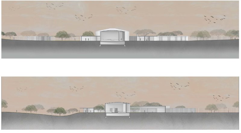 Building sections reveal a low chapel profile rooted within the surrounding Ethiopian landscape.