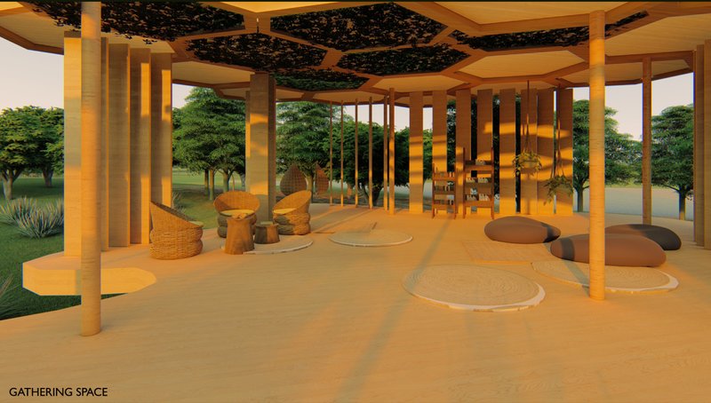 The gathering space creates a warm social setting beneath planted hexagonal roof modules.