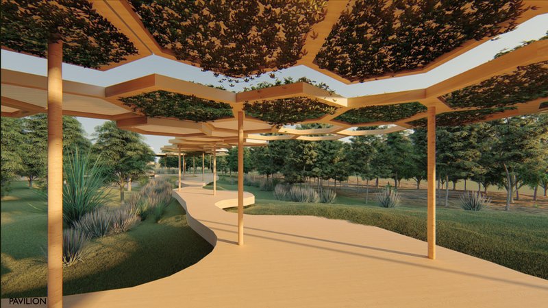 The pavilion walkway moves gently through the landscape under a green modular canopy.