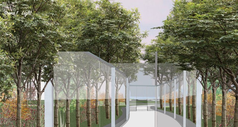 A translucent pathway guides visitors through dense trees, introducing Scene 1 as a quiet passage of light and reflection.