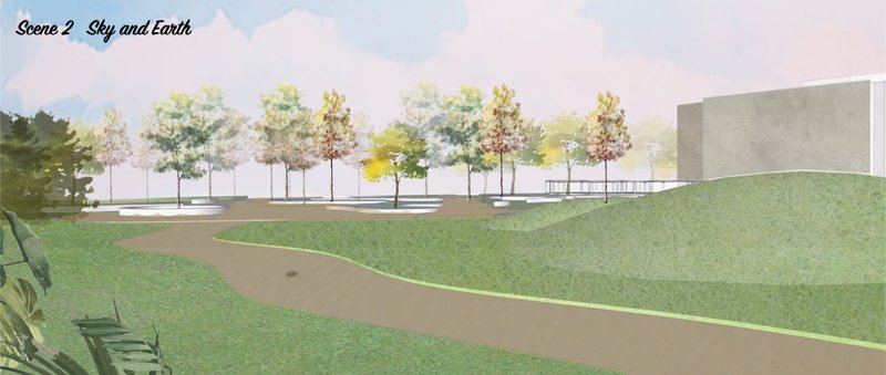 Scene 2 opens into a soft landscape of sky, earth, trees, and gentle pathways for calm public movement.