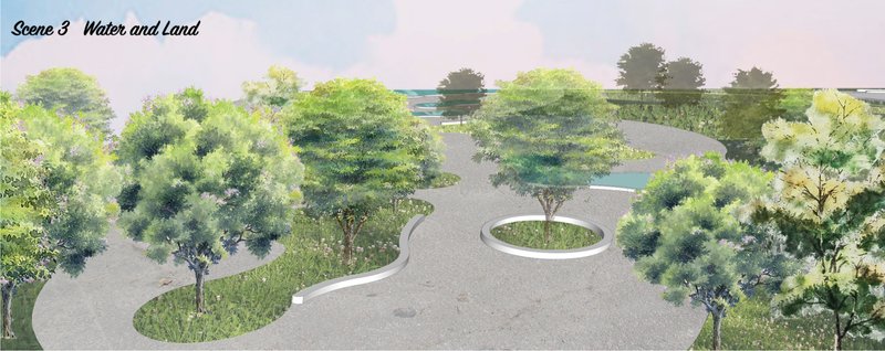 Curved walkways, planted islands, and water elements define Scene 3 as a balanced meeting of land and water.