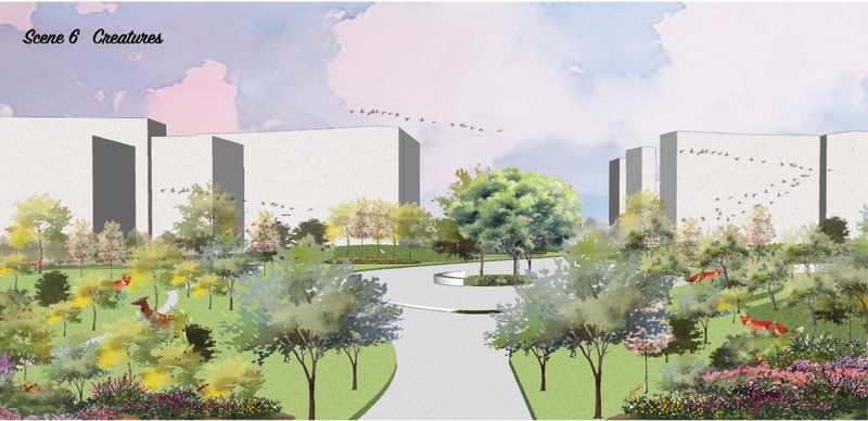 Scene 6 turns the chapel landscape into a shared habitat for people, birds, animals, and urban biodiversity.